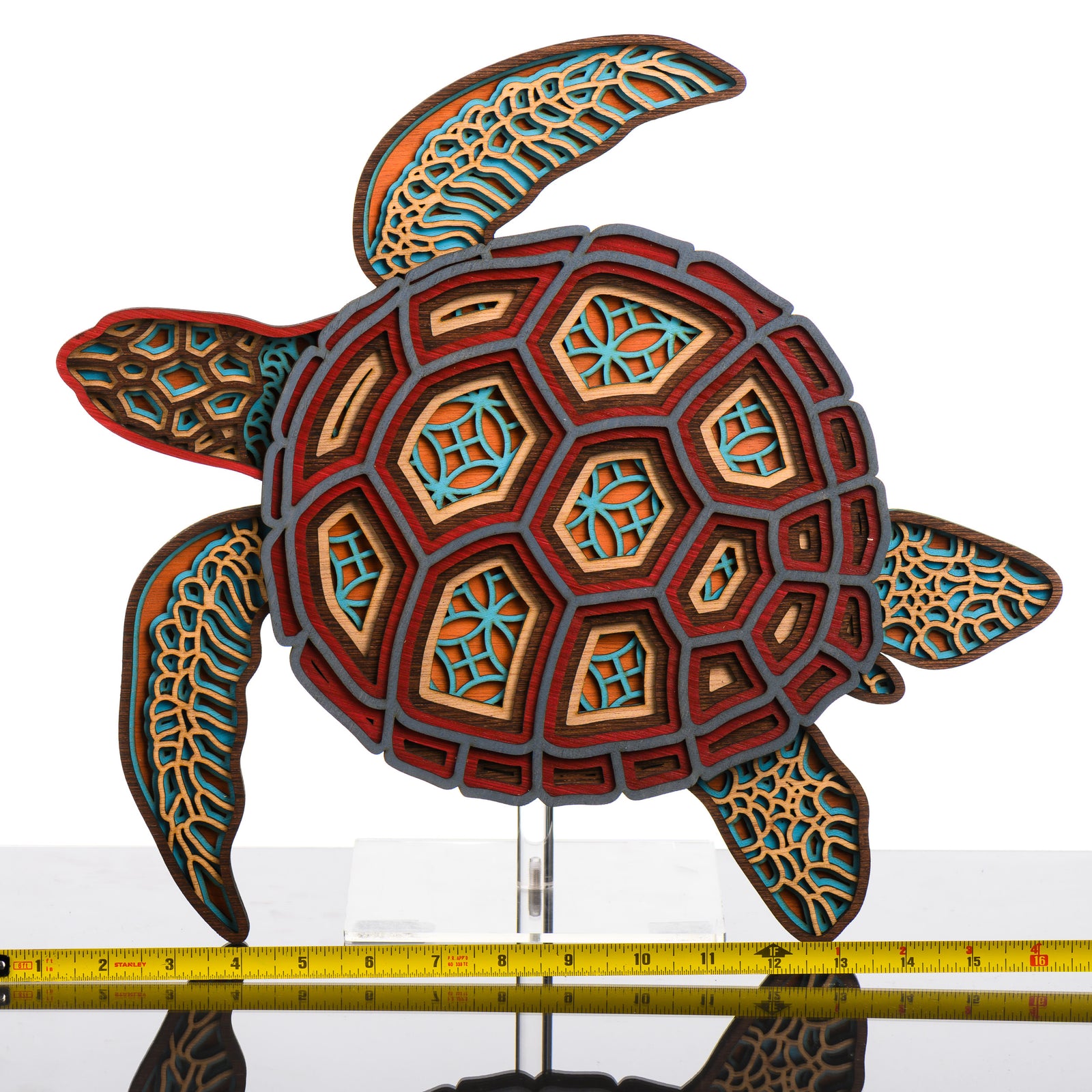 Turtle 3D Layered Wood Art made in Montana by RJS Engraving & Design - laser-cut wood layers depict a colorful swimming turtle, Large w/ scale