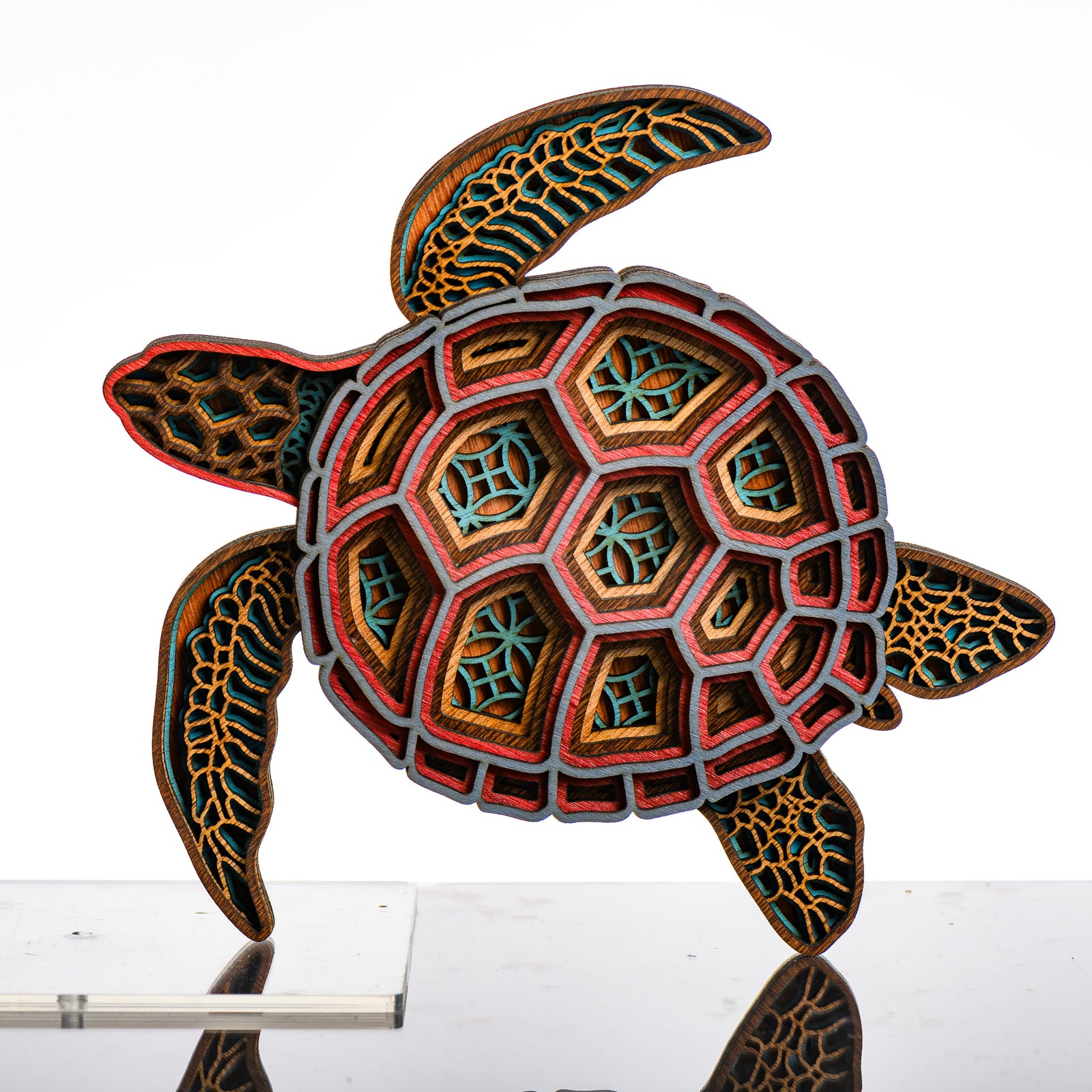 Turtle 3D Layered Wood Art made in Montana by RJS Engraving & Design - laser-cut wood layers depict a colorful swimming turtle, standard