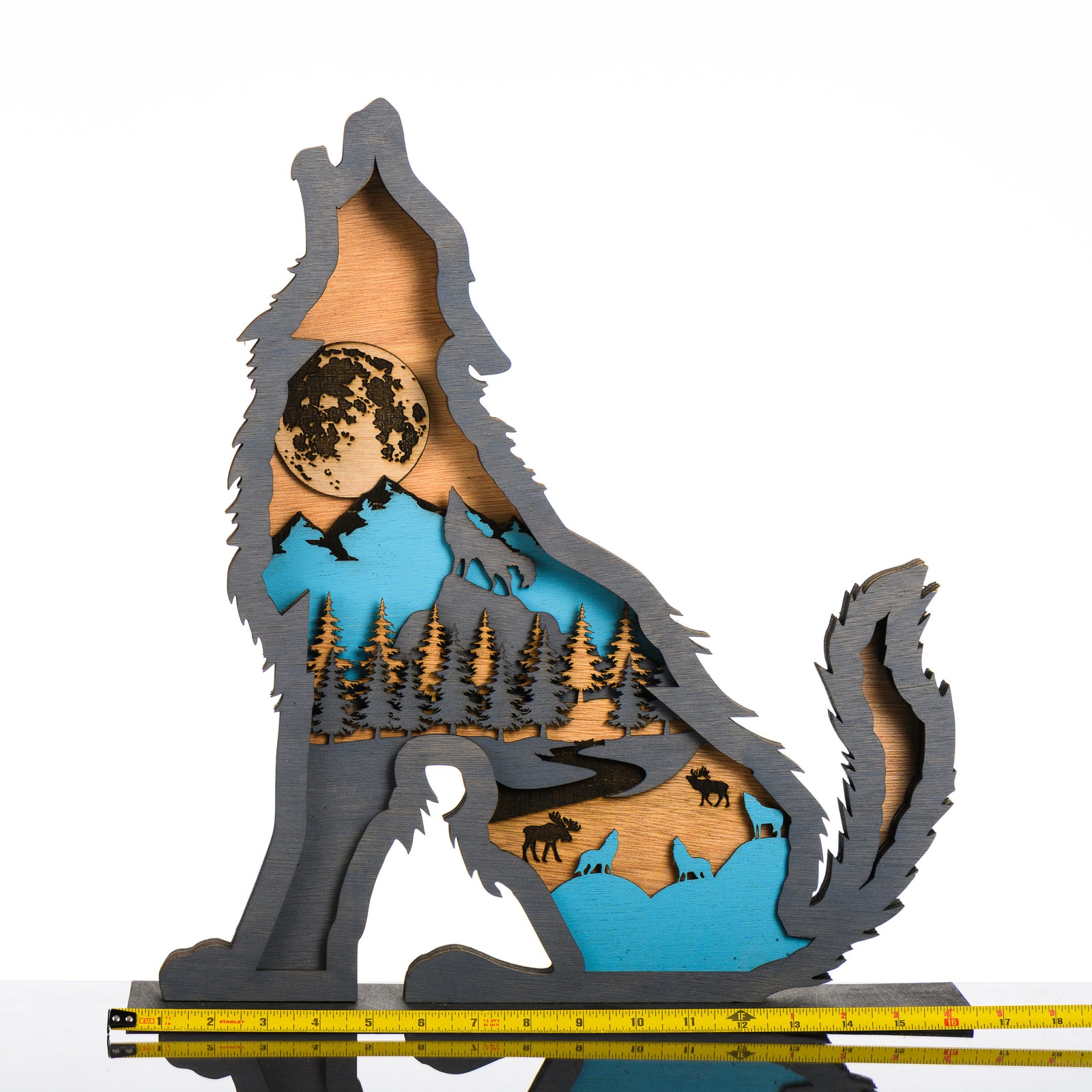 Wolf 3D Layered Wood Art made in Montana by RJS Engraving & Design - laser-cut wood layers depict a moonlit nature scene within the silhouette of a howling wolf, X-Large w/ scale
