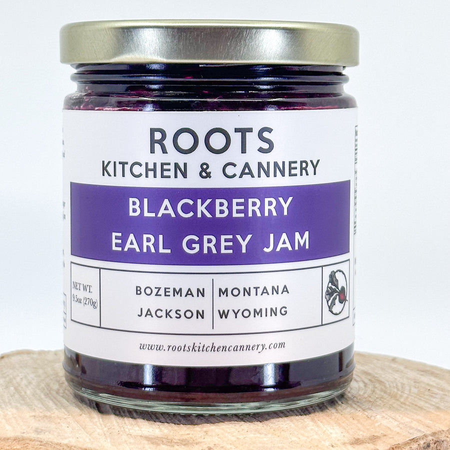 A 9.5 oz jar of Blackberry Earl Grey jam made in Bozeman Montana 