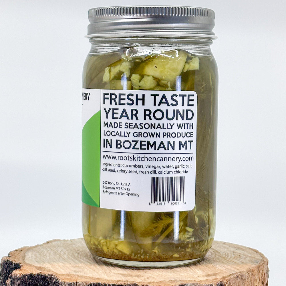 The side of a jar of pickles that reads Fresh taste year round, made seasonally with locally grown produce in Bozeman, MT