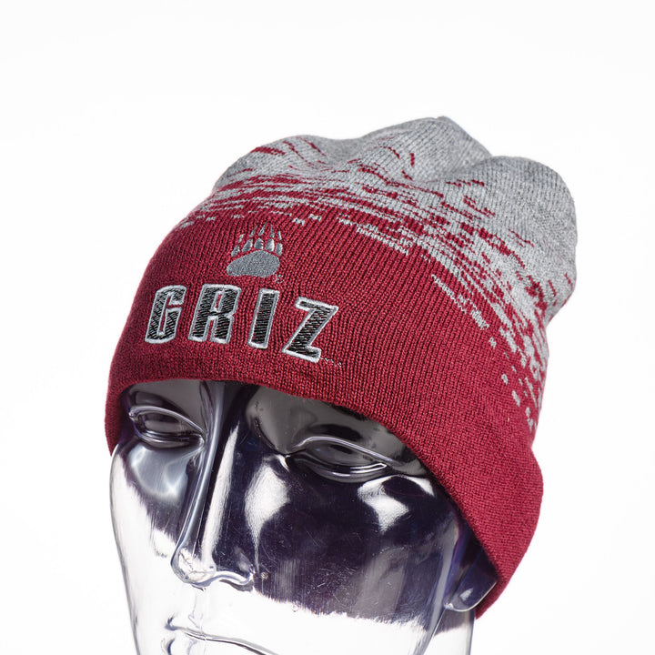 Blue Peaks Creative's Digi Beanie with the Block Griz and Grizzly Paw design, grey and maroon