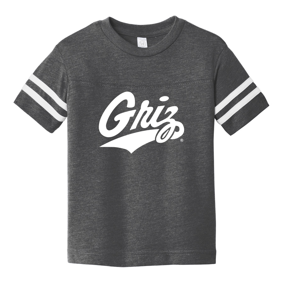 A charcoal toddler T-shirt, with white stripes on the sleeves printed with the university of Montana Griz script logo in a white, fuzzy materia
