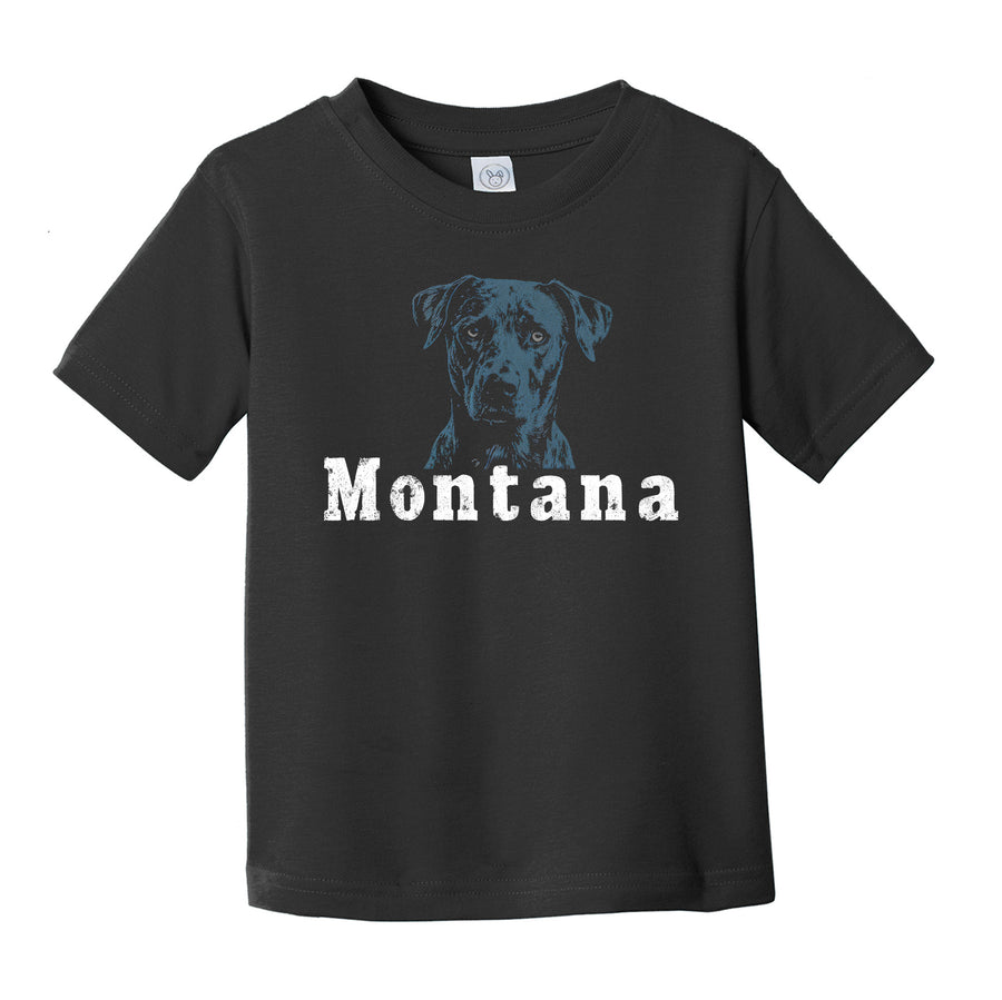 Black Toddler Fine Jersey T-shirt printed with the Minimal Dog Montana design by Blue Peak Creative
