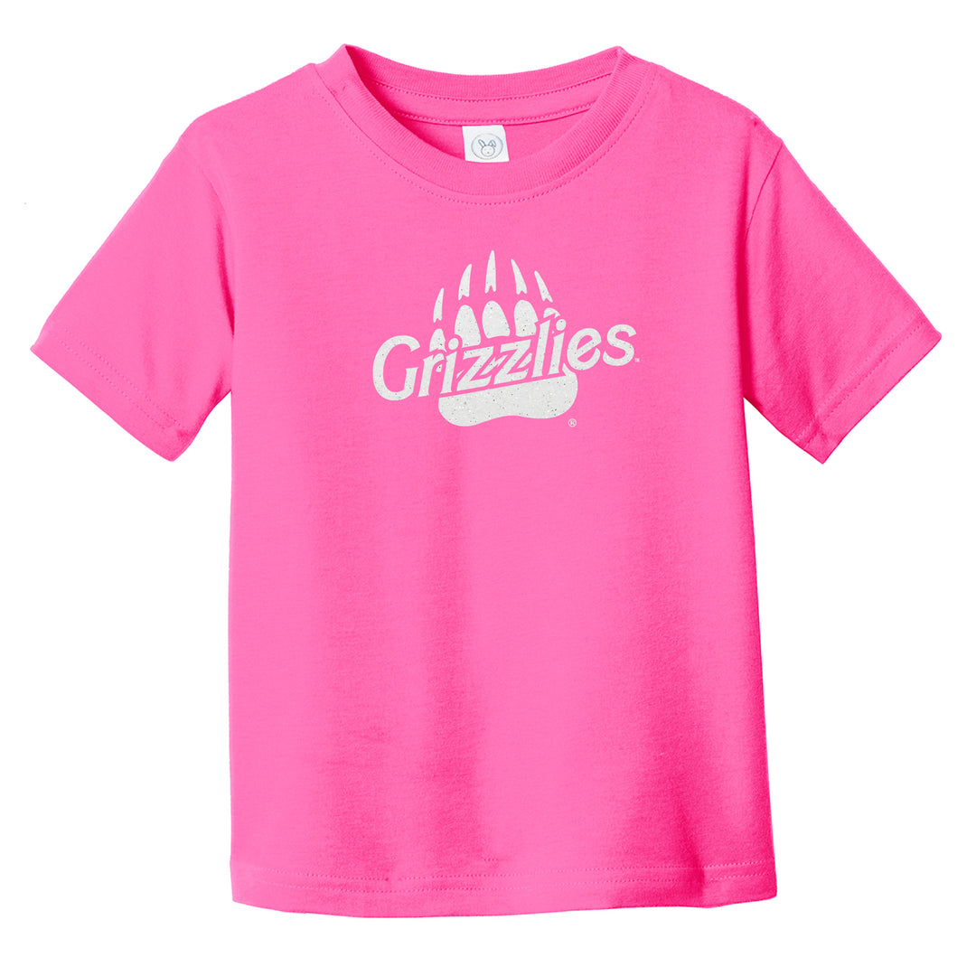 Blue Peaks Creative's pink Toddler Fine Jersey T-shirt with the Glitter Grizzlies paw and text in sparkly white