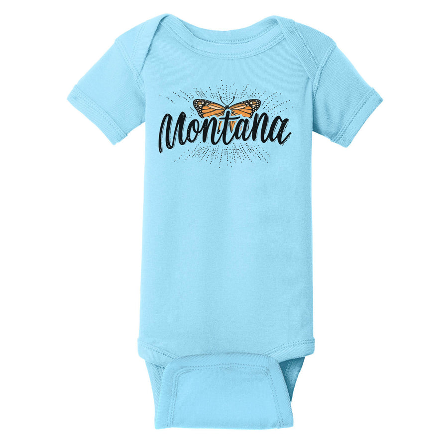 Turquoise Blue Infant Short Sleeve Baby Rib Onesie with Blue Peak Creative's orange Butterfly Montana design