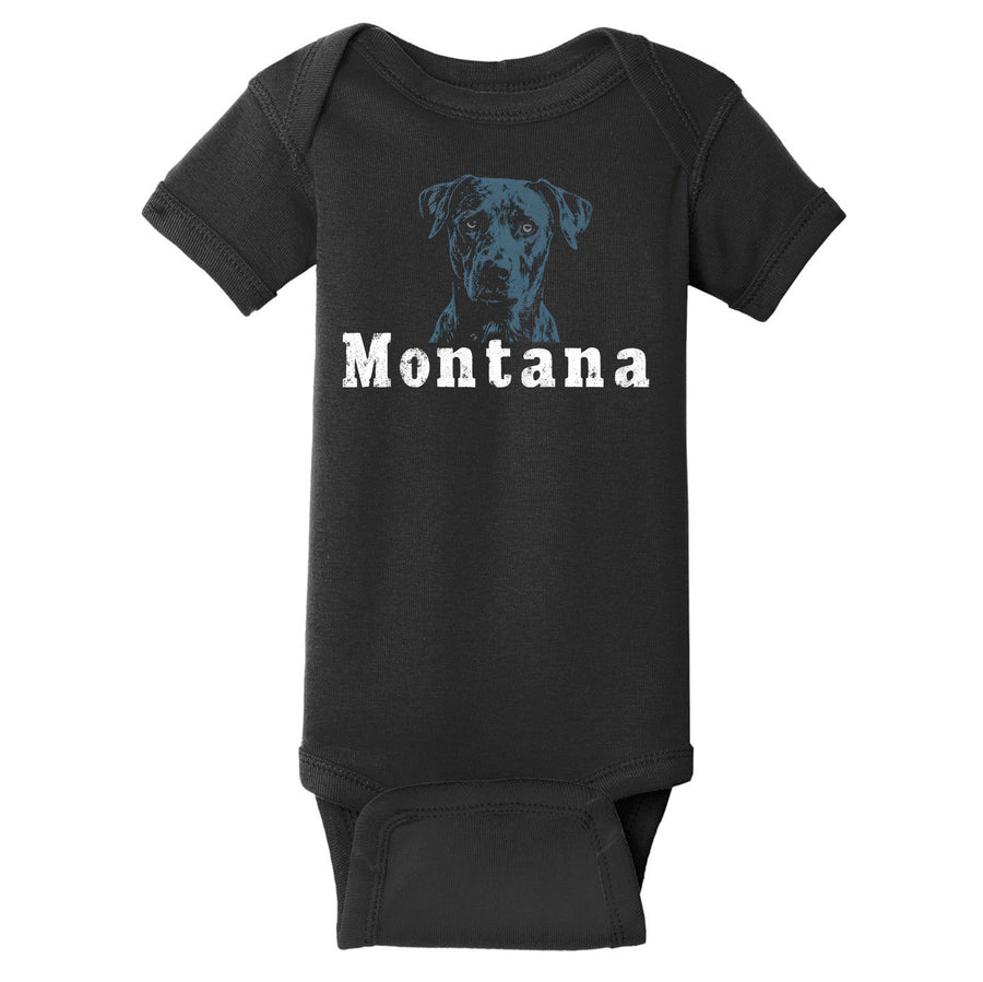 Black User Infant Short Sleeve Baby Rib Onesie printed with the Minimal Dog Montana design by Blue Peak Creative