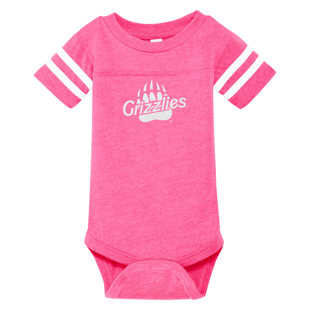 Blue Peaks Creative's pink Infant Football Onesie / Fine Jersey Bodysuit with the Glitter Grizzlies paw and text in sparkly white
