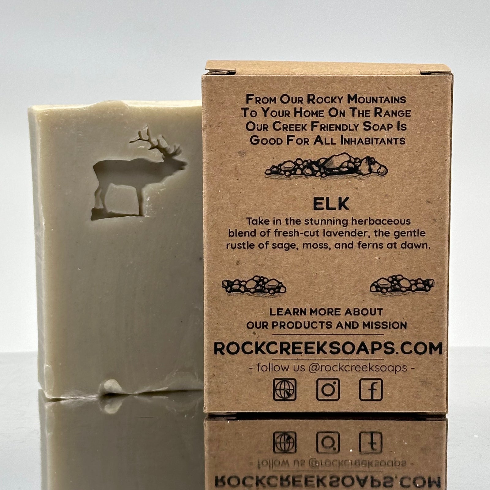 Elk Stamped Soap - Lavender, Sage, Moss, Fern and Musk - handcrafted bar soap made in Montana by Rock Creek Soaps