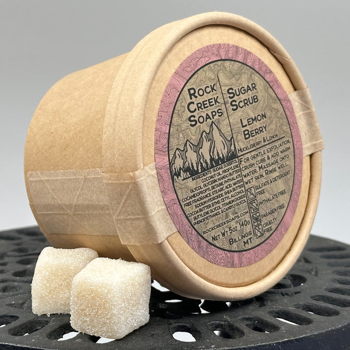 5 oz. container of Sugar Scrub - Lemon Berry - handcrafted sugar scrub made in Montana by Rock Creek Soaps