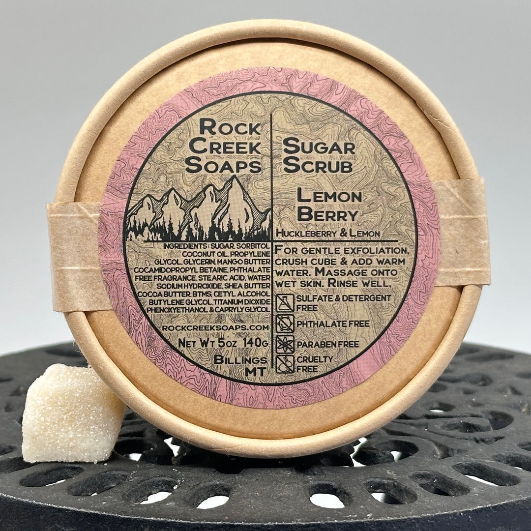 5 oz. container of Sugar Scrub - Lemon Berry - handcrafted sugar scrub made in Montana by Rock Creek Soaps