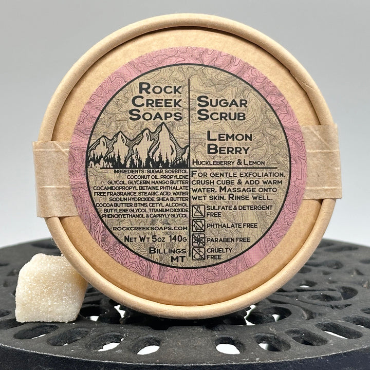 5 oz. container of Sugar Scrub - Lemon Berry - handcrafted sugar scrub made in Montana by Rock Creek Soaps