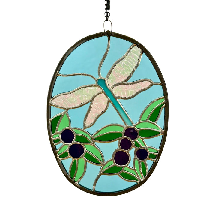 Beautiful Stained Glass piece of a Dragonfly with huckleberries made in Montana USA