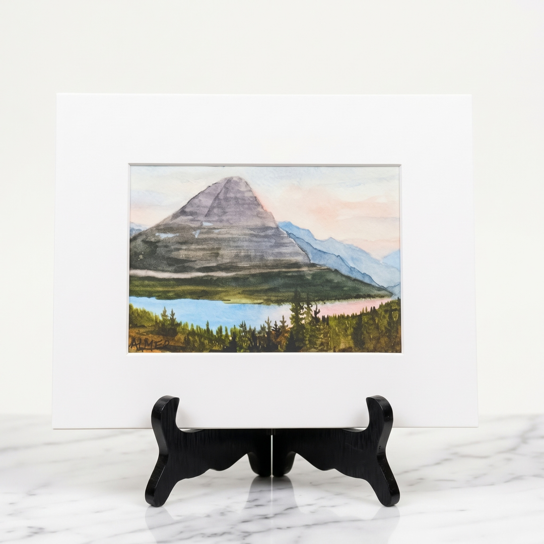 Capture Glacier National Park with the Bearhat Sunset Matted Print by Stark Mountain Studio, featuring Bobbe Almer watercolor art of Hidden Lake, Montana.