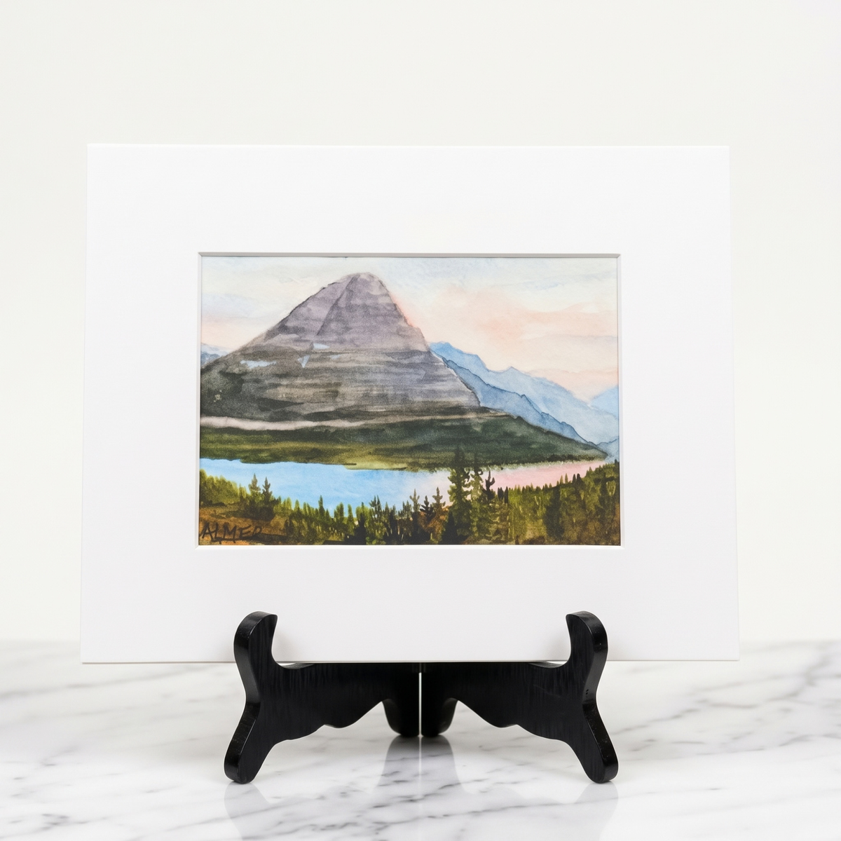 Capture Glacier National Park with the Bearhat Sunset Matted Print by Stark Mountain Studio, featuring Bobbe Almer watercolor art of Hidden Lake, Montana.