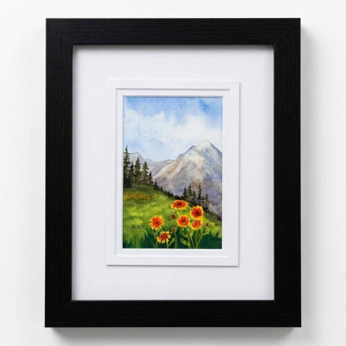 Capture wild alpine beauty with the Blanket Flowers Original Watercolor Painting by Stark Mountain Studio, framed in an elegant 9.5 x 11.5 black frame.