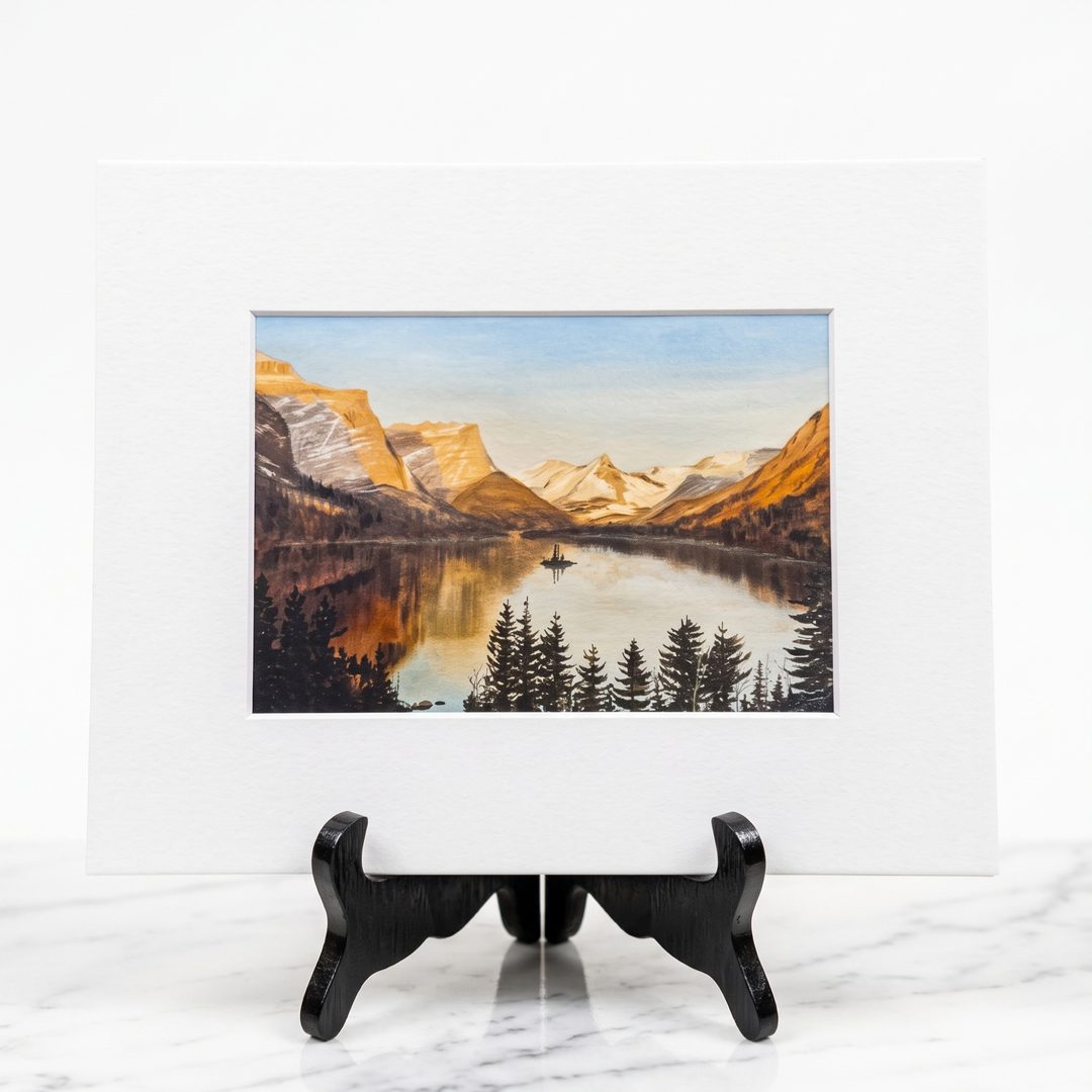 Bring Glacier National Park home with the Rising Sun Matted Print by Stark Mountain Studio. Gorgeous watercolor art of St. Mary Lake in 5x7 &amp; 8x10 sizes