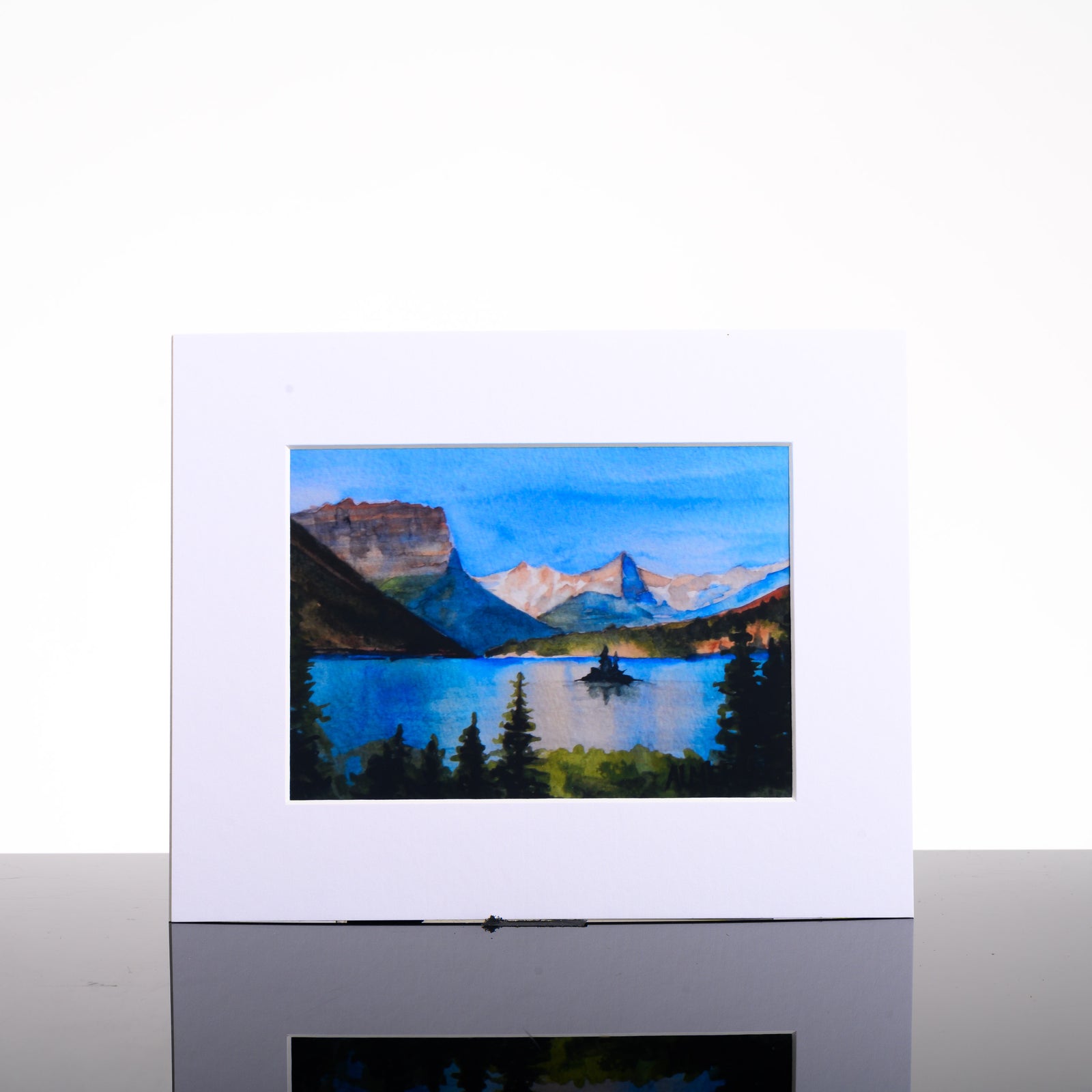 St. Mary Glow Matted Print, by Stark Mountain Studio - 5x7 print of a Bobbe Almer watercolor painting in a 8x10 mat--a perfect Montana-made gift of nature for art lovers