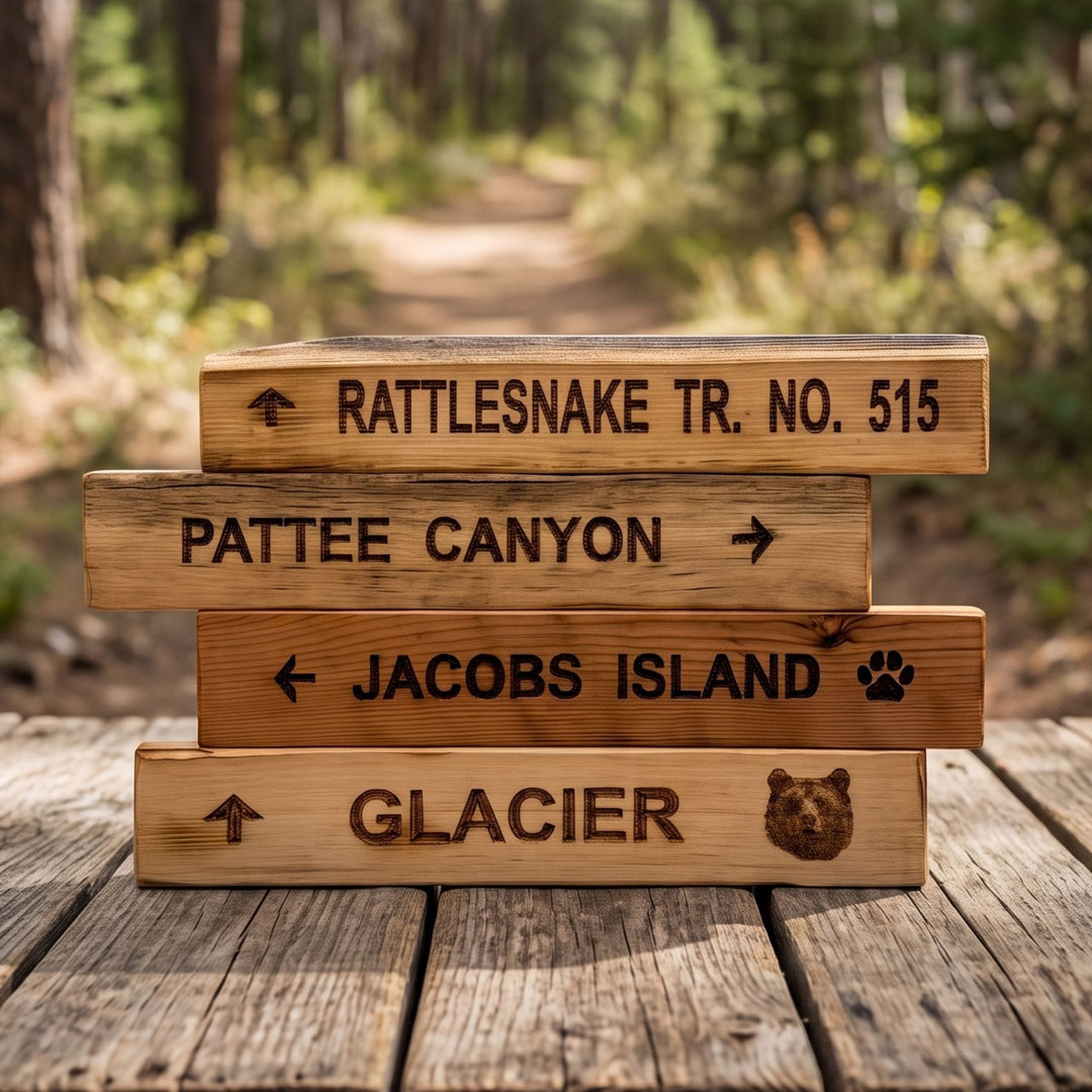 Shop handcrafted Montana wood trail signs featuring local trails &amp; wildlife motifs. Perfect rustic cabin decor for mountain &amp; hiking lovers. Made in USA!