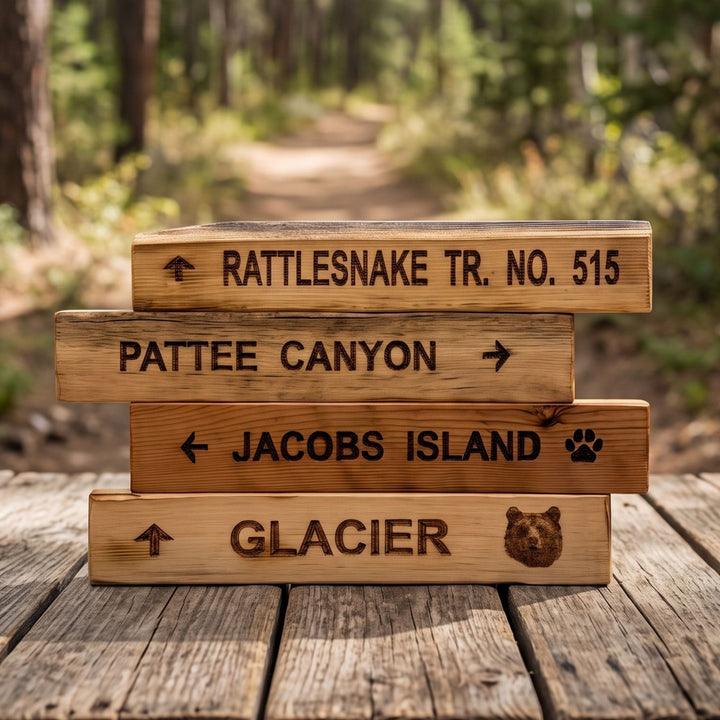Shop handcrafted Montana wood trail signs featuring local trails &amp; wildlife motifs. Perfect rustic cabin decor for mountain &amp; hiking lovers. Made in USA!