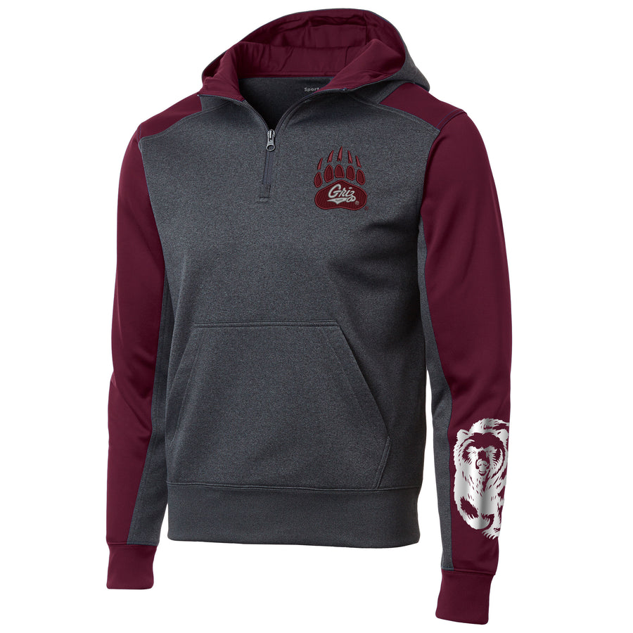 Blue Peak Creative's charcoal grey and maroon Colorblock Fleece Hoodie, with the UM Griz Paw (lapel embroidery) & Metallic Silver Charging Bear (on the sleeve) designs