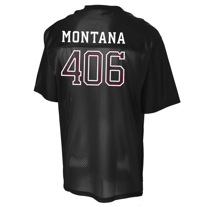 Black mesh short-sleeve football jersey shown from the back, featuring &
