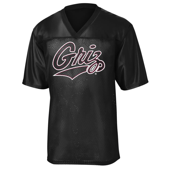 A black short-sleeve athletic jersey with a V-neck, featuring a mesh front and a large &
