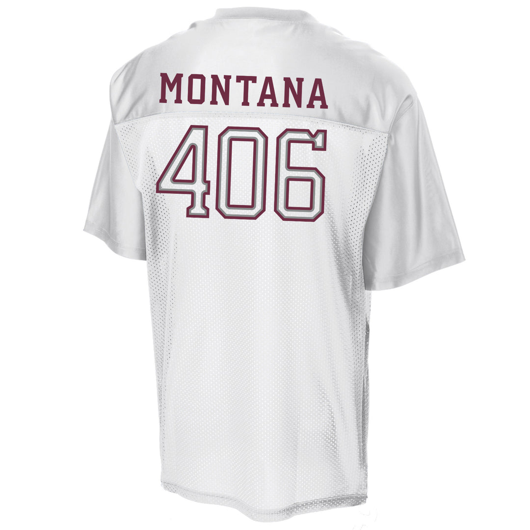 White mesh athletic jersey shown from the back, featuring &