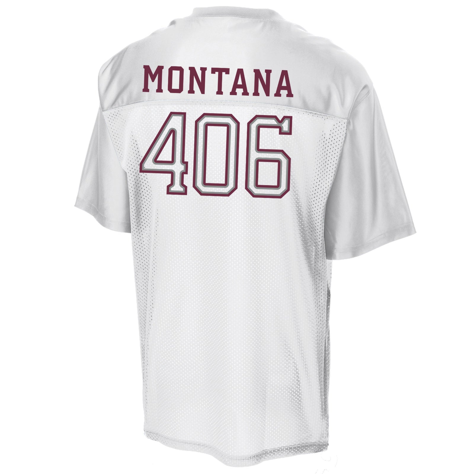 White mesh athletic jersey shown from the back, featuring 'MONTANA' and the number '406' in maroon with white outlines.