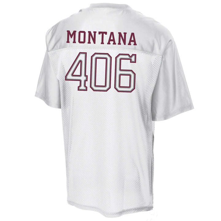 White mesh athletic jersey shown from the back, featuring &