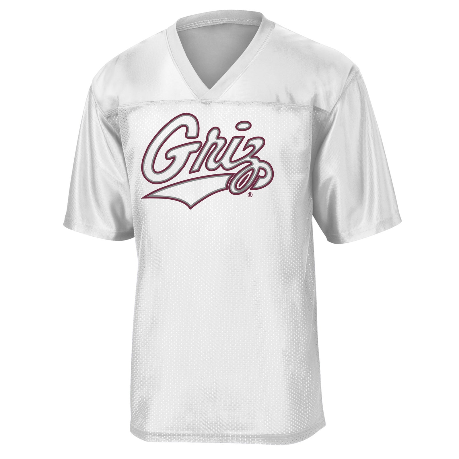A white short-sleeve athletic jersey with a V-neck and a large 'Griz' logo outlined in maroon across the chest, shown on a plain white background.