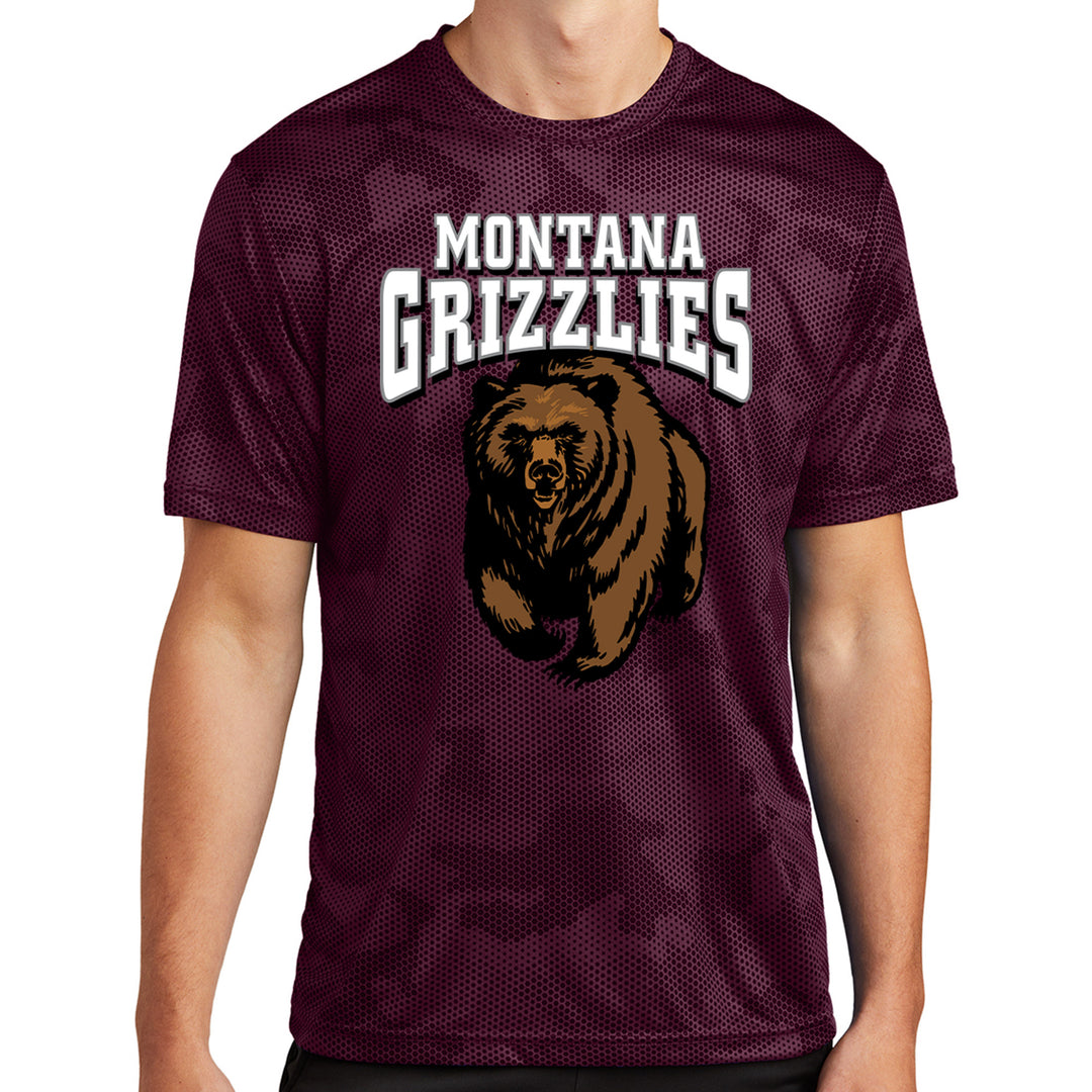 Blue Peaks Creative's maroon CamoHex T-shirt with the Montana Grizzlies Charging Bear design