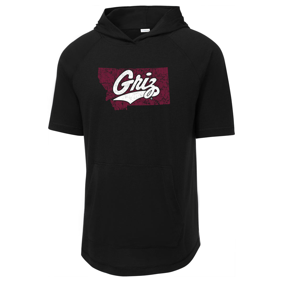 Blue Peak Creative's black Tri-Blend Wicking Short Sleeve Hoodie with the Distressed Montana Griz Script design in maroon and white