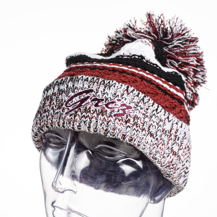 Blue Peaks Creative's maroon, black, and white Knit Pom Pom Beanie embroidered with the Griz Cursive design in maroon, front