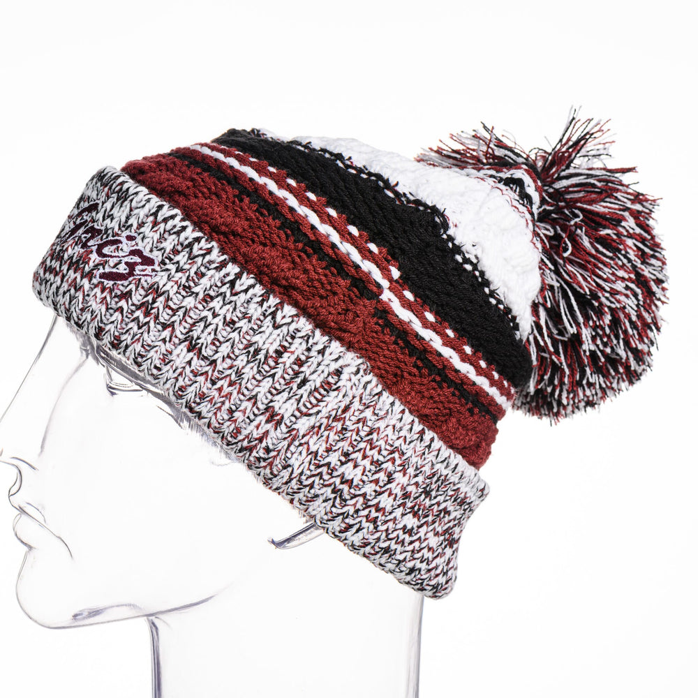 Blue Peaks Creative's maroon, black, and white Knit Pom Pom Beanie embroidered with the Griz Cursive design in maroon, side