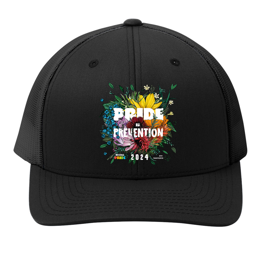 Black Retro Trucker Hat featuring the 2024 Missoula PRIDE design Pride is Prevention, front