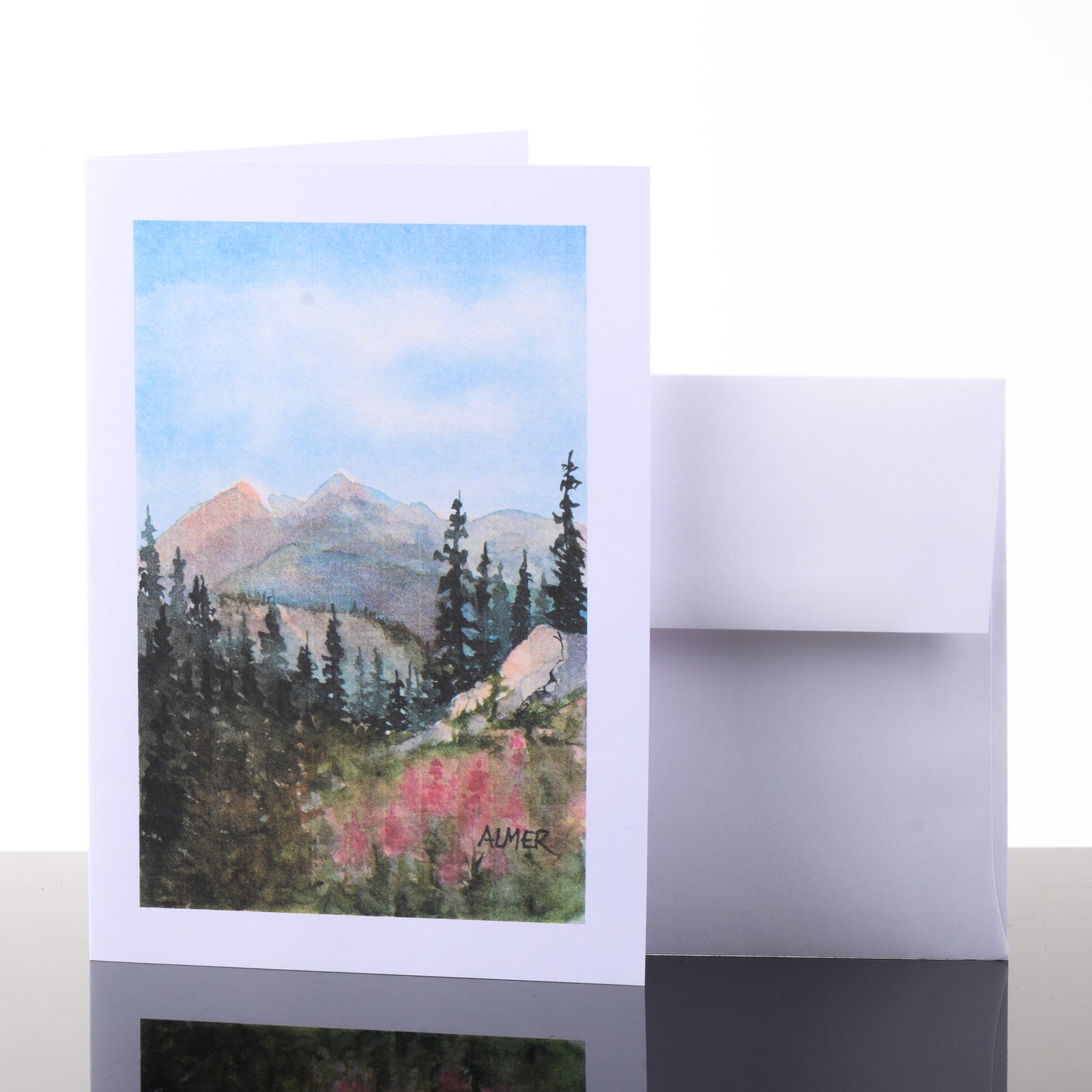 Twin Peak Blooms Greeting Card, by Stark Mountain Studio - 5x7 blank greeting card of a Bobbe Almer watercolor painting with envelope, made in Montana, USA.