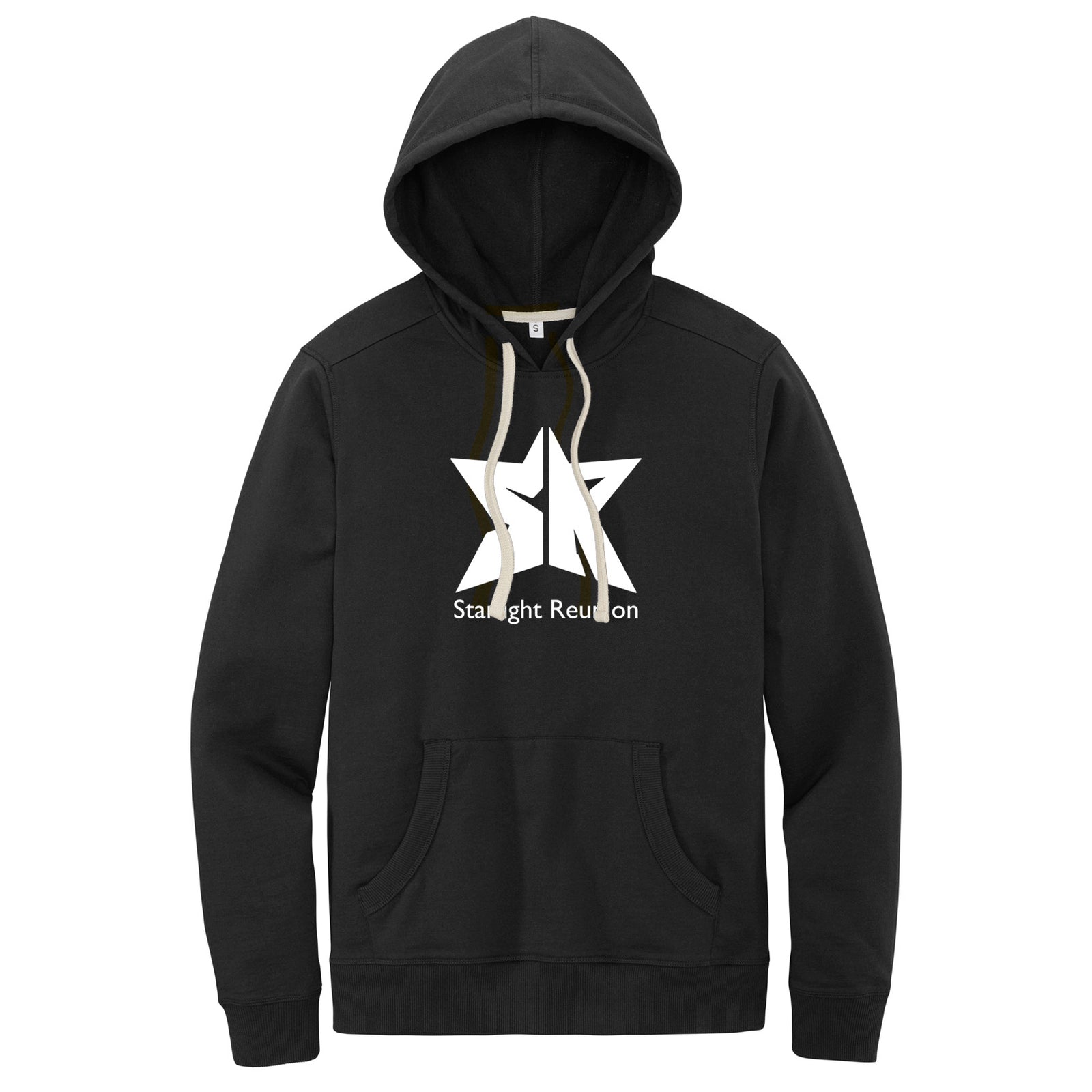 Black classic hoodie with white drawstrings, featuring the Starlight Reunion split SR star logo, made in Montana, USA by The Last Best Co.