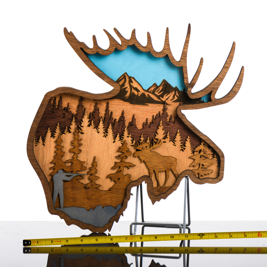 RJS Engraving & Design's Moose Head 3D Layered Wood Art, Large w/ scale