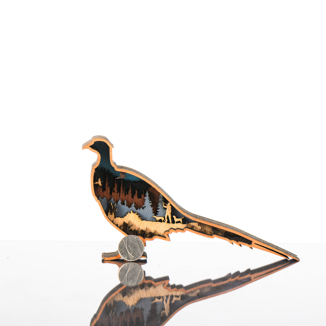 RJS Engraving & Design's Pheasant 3D Layered Wood Art, Mini w/ scale