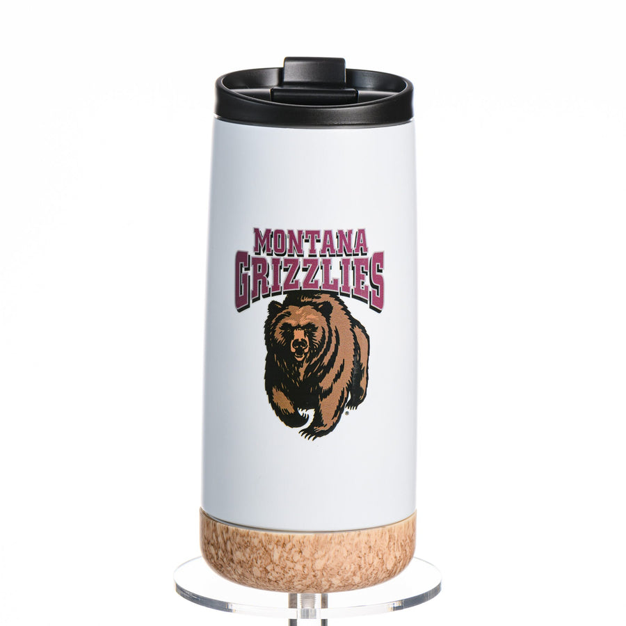 Blue Peaks Creative's white Insulated 16 oz. Tumbler with Faux Cork Bottom with the Montana Grizzlies Charging Bear design