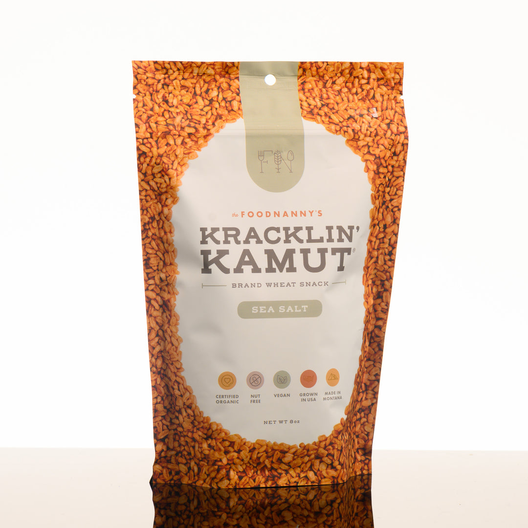 An 8oz snack bag of Kracklin' Kamut khorasan wheat snack--an ancient grain grown in Montana, made by Big Sandy Organics, featured in The Petals to Peaks Box by The Last Best Box.
