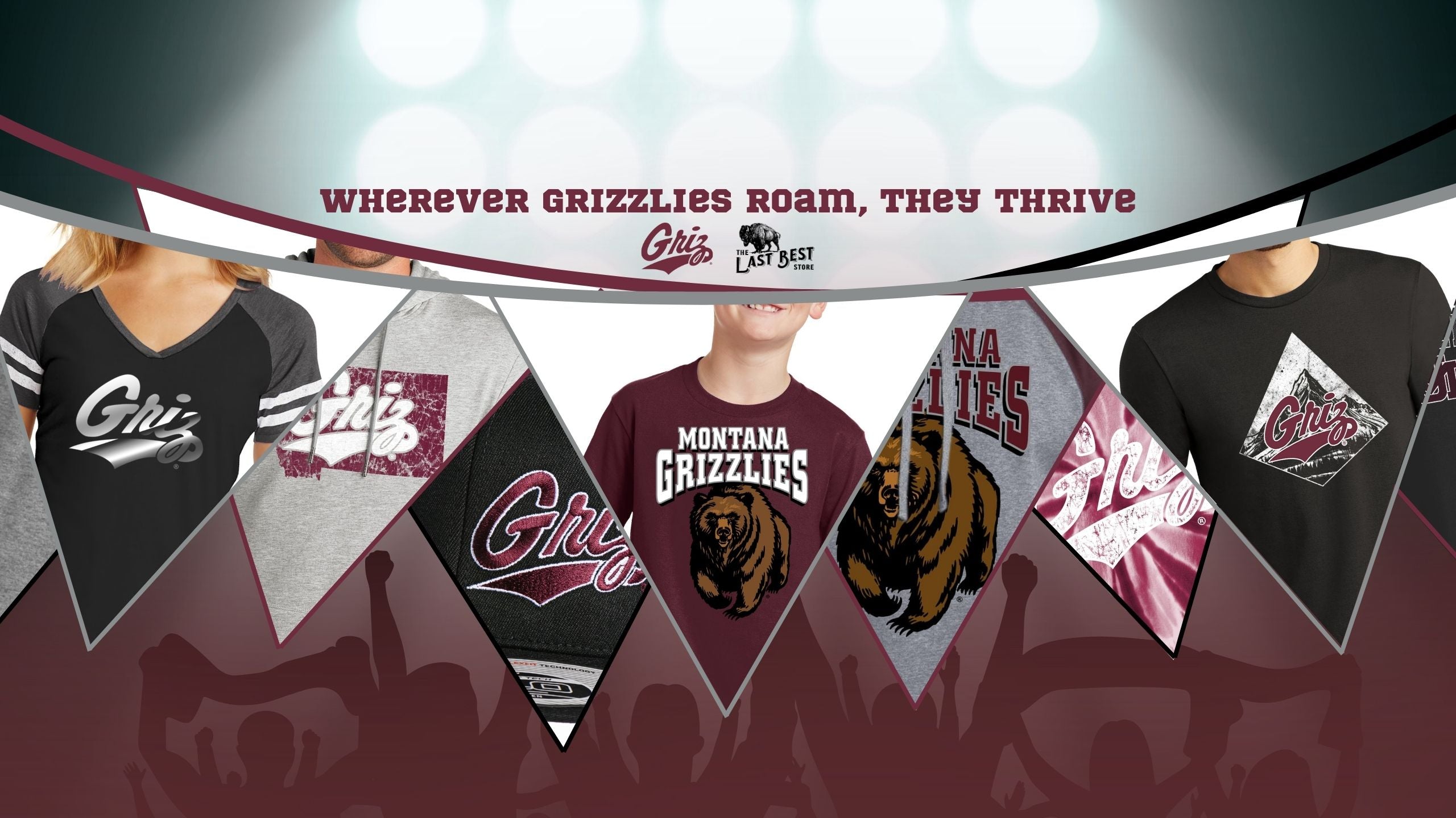 Promotional banner for The Last Best Store product collection featuring officially licensed University of Montana Grizzlies merchandise made in Missoula, MT (home of the Griz).