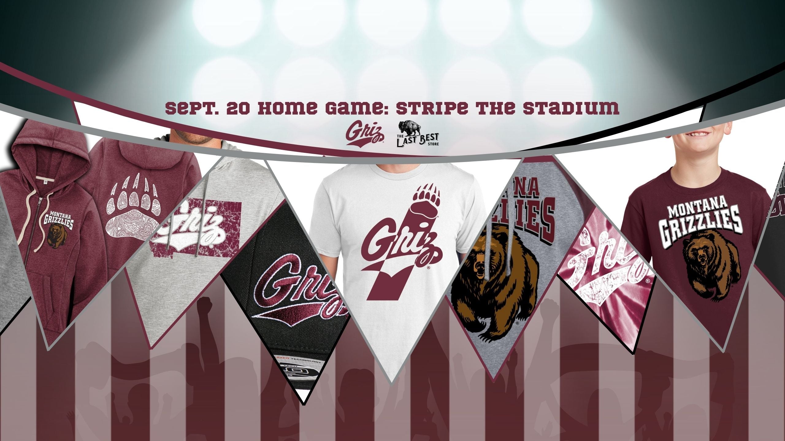 Promotional banner for a home game and The Last Best Store product collection featuring officially licensed University of Montana Grizzlies merchandise made in Missoula, MT (home of the Griz).