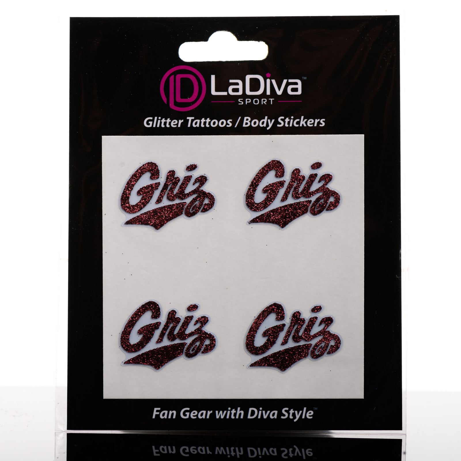 Packaged glitter tattoos stickers with University of Montana 'Griz' design on a white background, branded as LaDiva Sport.