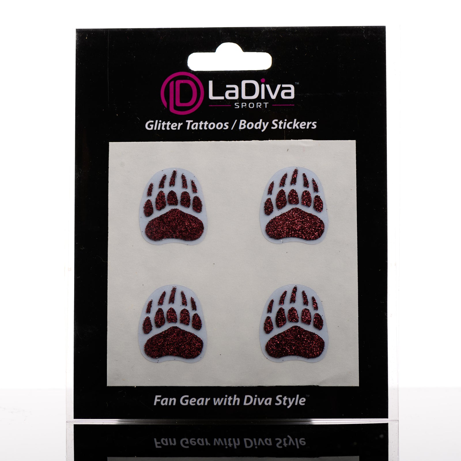 Four individual glitter face stickers, maroon glitter University of Montana paws.
