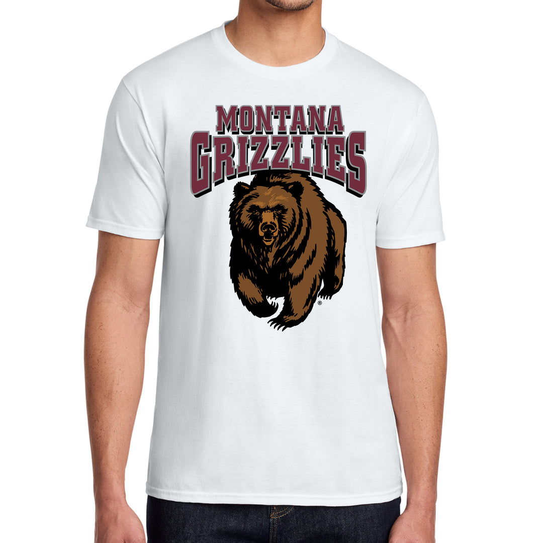 A white short-sleeve crewneck t-shirt featuring a graphic of a charging grizzly bear and the text &