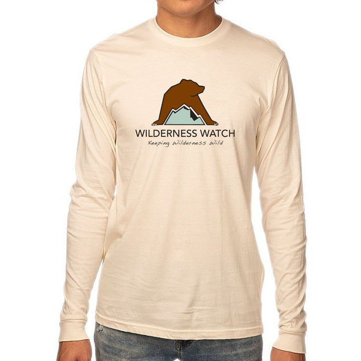 Beige long-sleeve shirt with Wilderness Watch logo featuring a bear and mountain on a white background