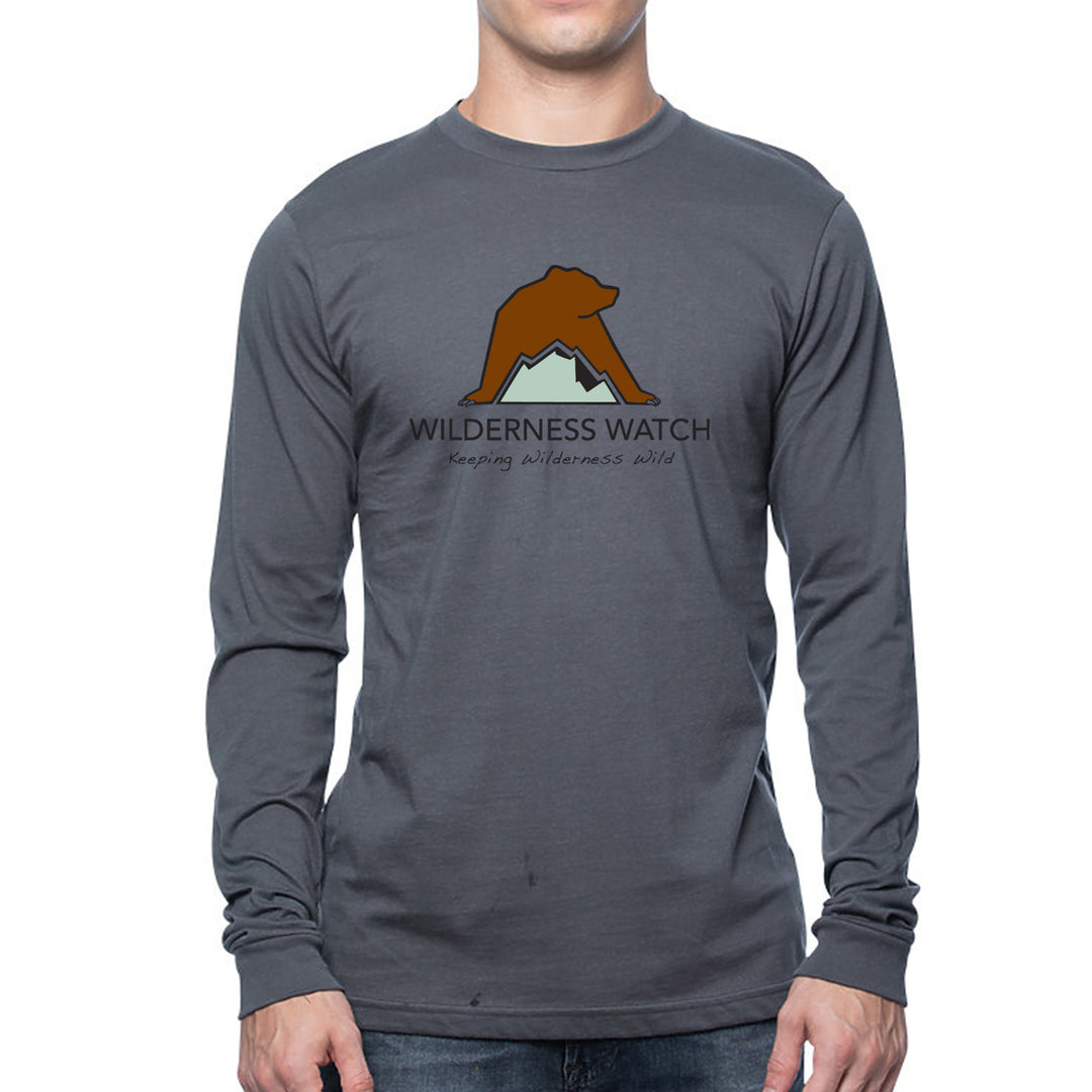 Gray long-sleeve shirt with Wilderness Watch logo featuring a bear and mountain on a white background