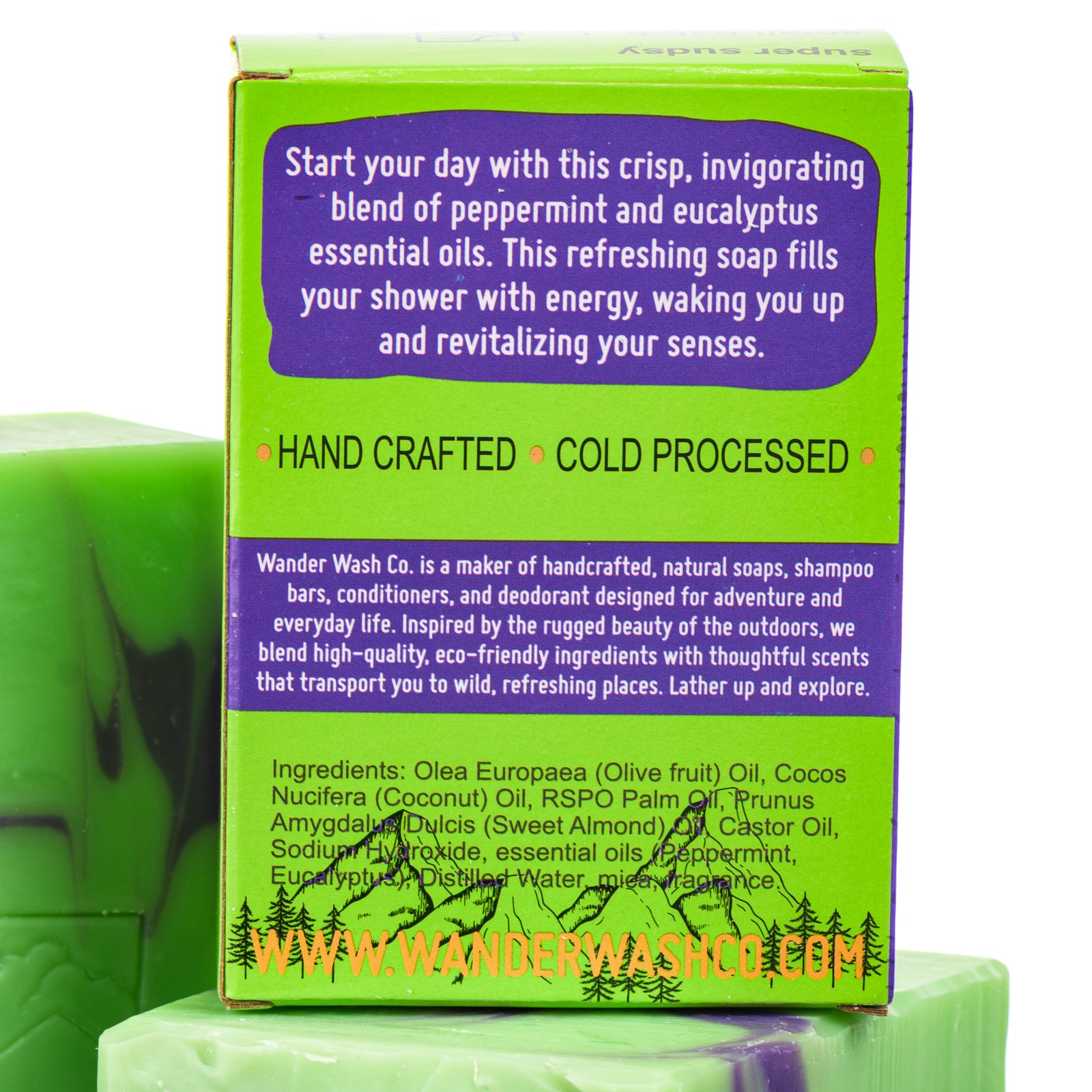 Display of three 5.25 oz bars of Panda Breath Mints Bar Soap, Natural Cold Process Soap (eucalyptus, mint)—one in the box and two out of the box--made in Montana by Wander Wash Co, focused on back (ingredients list) against a white background